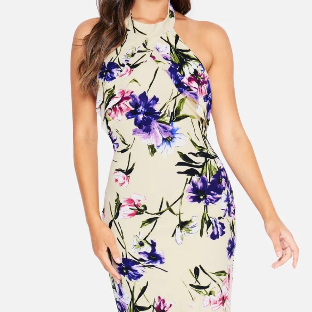 Bebe Printed Halter Ruffle Midi NWT